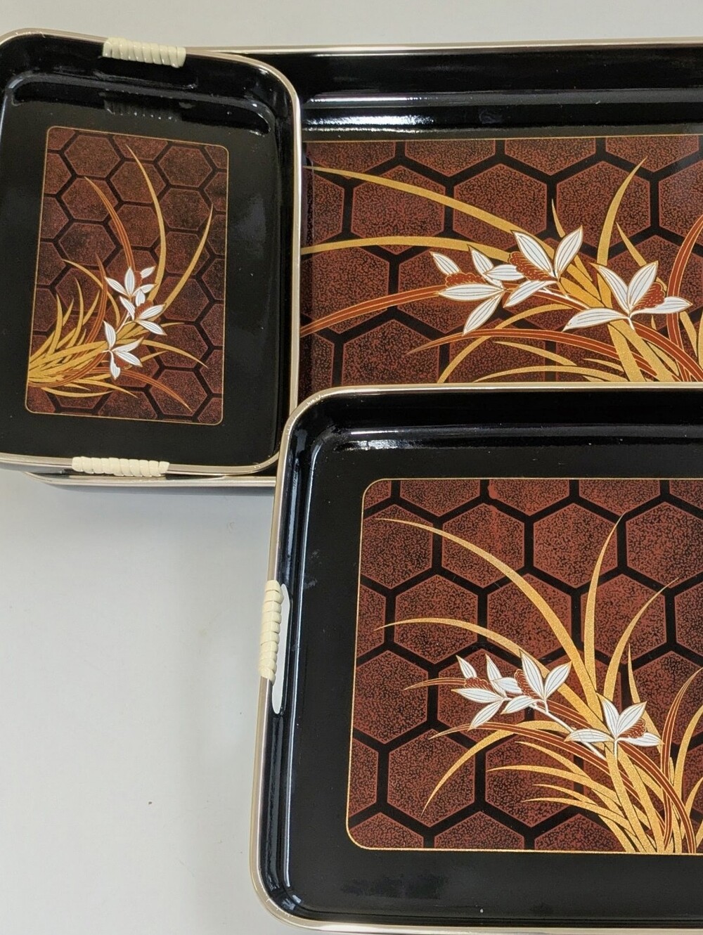 Japanese Nesting Nishi Garden Lacquer Ware Bar Trays Set of 3